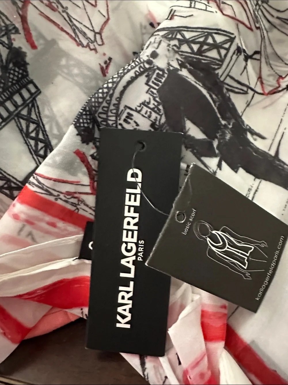 Karl Lagerfeld White Scarf with Black Eiffel Tower and Red Accents